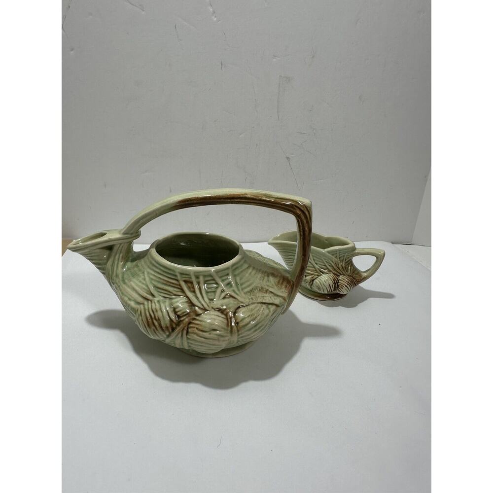 Vintage McCoy Pottery Teapot No Lid‎ + Creamer Cone in Green & Brown